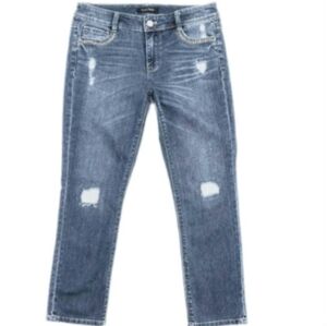 White House Black Market Jean Mid Rise Mid Blue Wm 2 Factory Distress Crop Slim